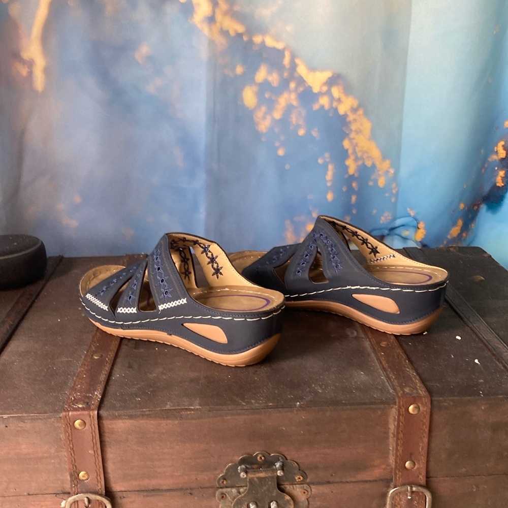 Navy Wedge Slide Sandals for Women - Comfortable Casual Slip-On